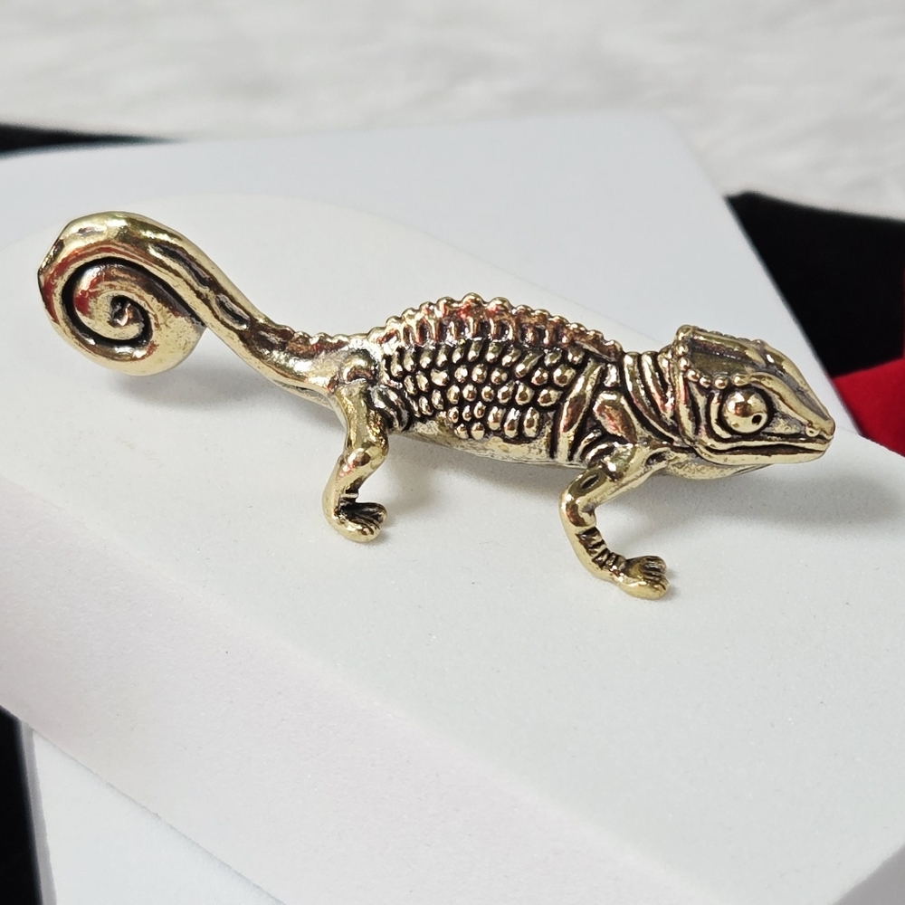 Mini Vintage Brass Chameleon Figurine Antique Gold Lizard Decor 2.56" Desertcore